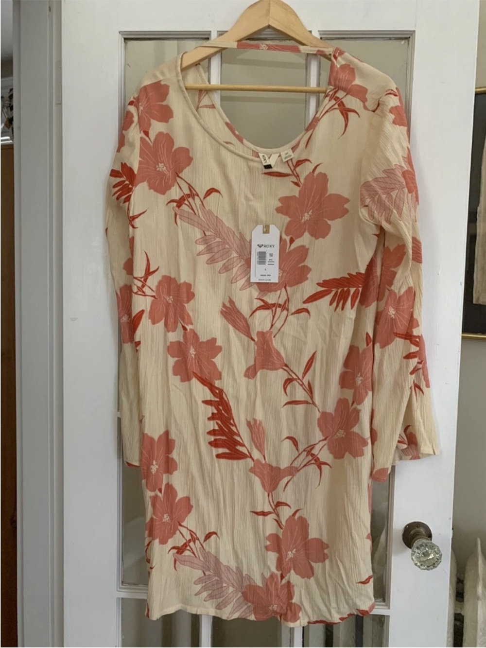 Roxy Dusk til Dawn Cream Long-Sleeve Shift Dress with Coral Floral Print